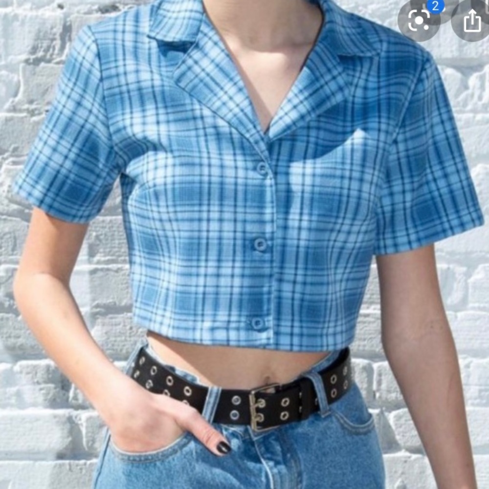 Brandy Melville blue plaid button crop top